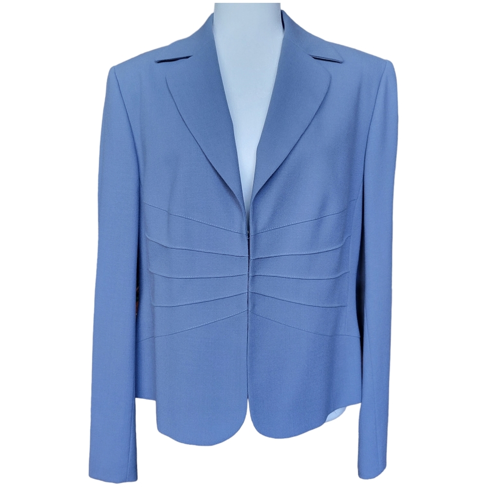 D'Oraz dusty blue cropped wool light jacket hook & eye closure lined size 14